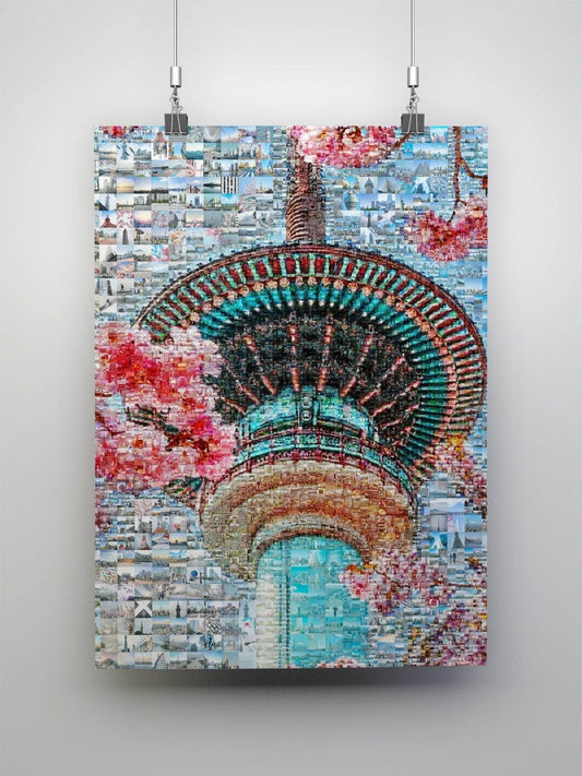 Tokyo Skytree cherry blossoms spring mosaic art - Japanese sakura canvas wall decor