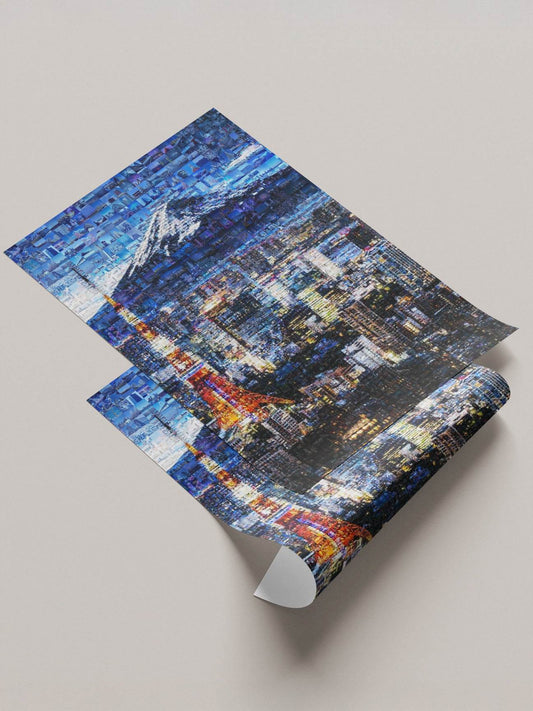 Tokyo skyline Mount Fuji Japanese mosaic canvas - Japanese cityscape wall art