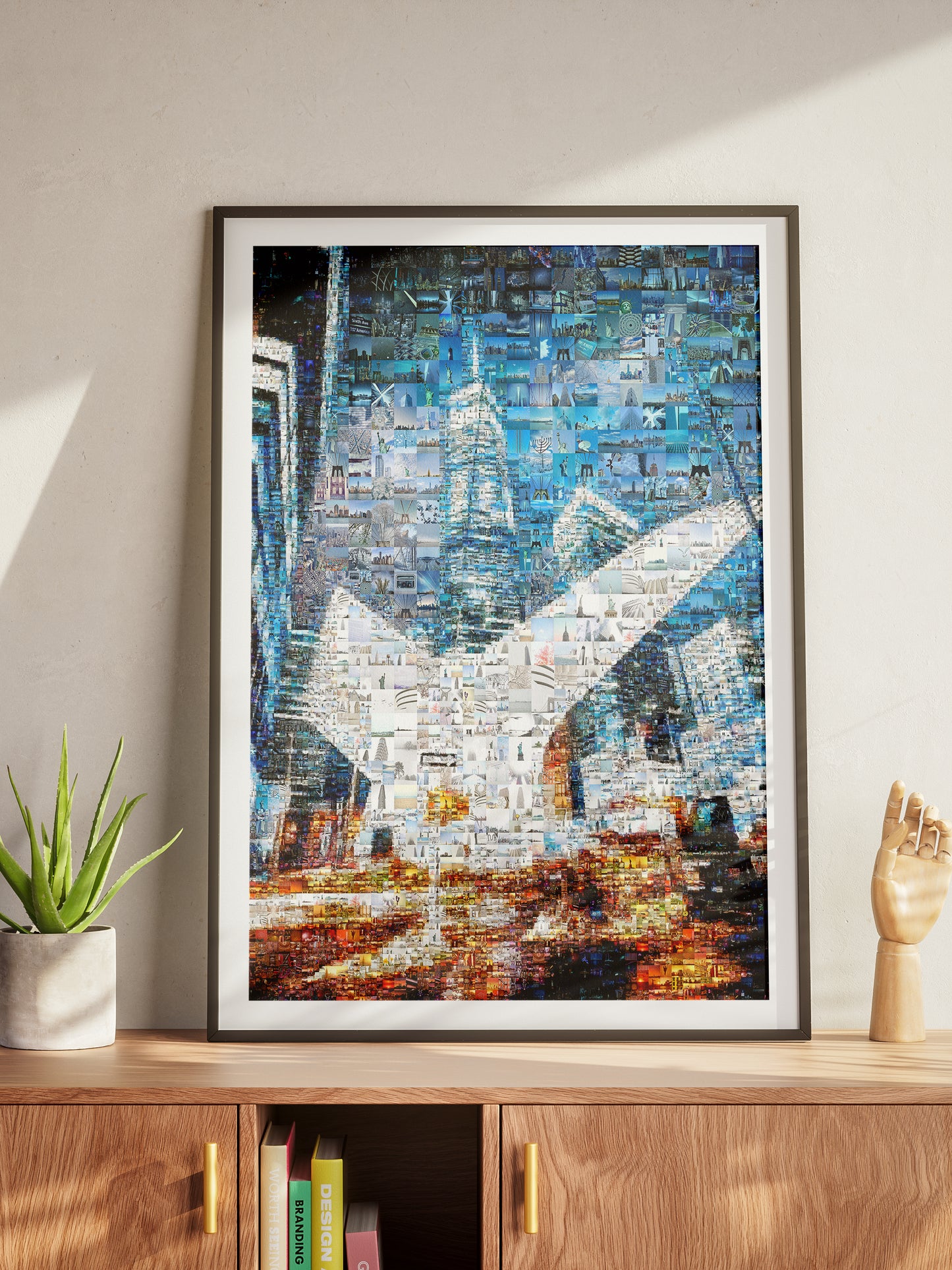 Stunning Blue Mosaic Artwork - Unique Cityscape Collage for Modern Home Decor AtelierMosaics
