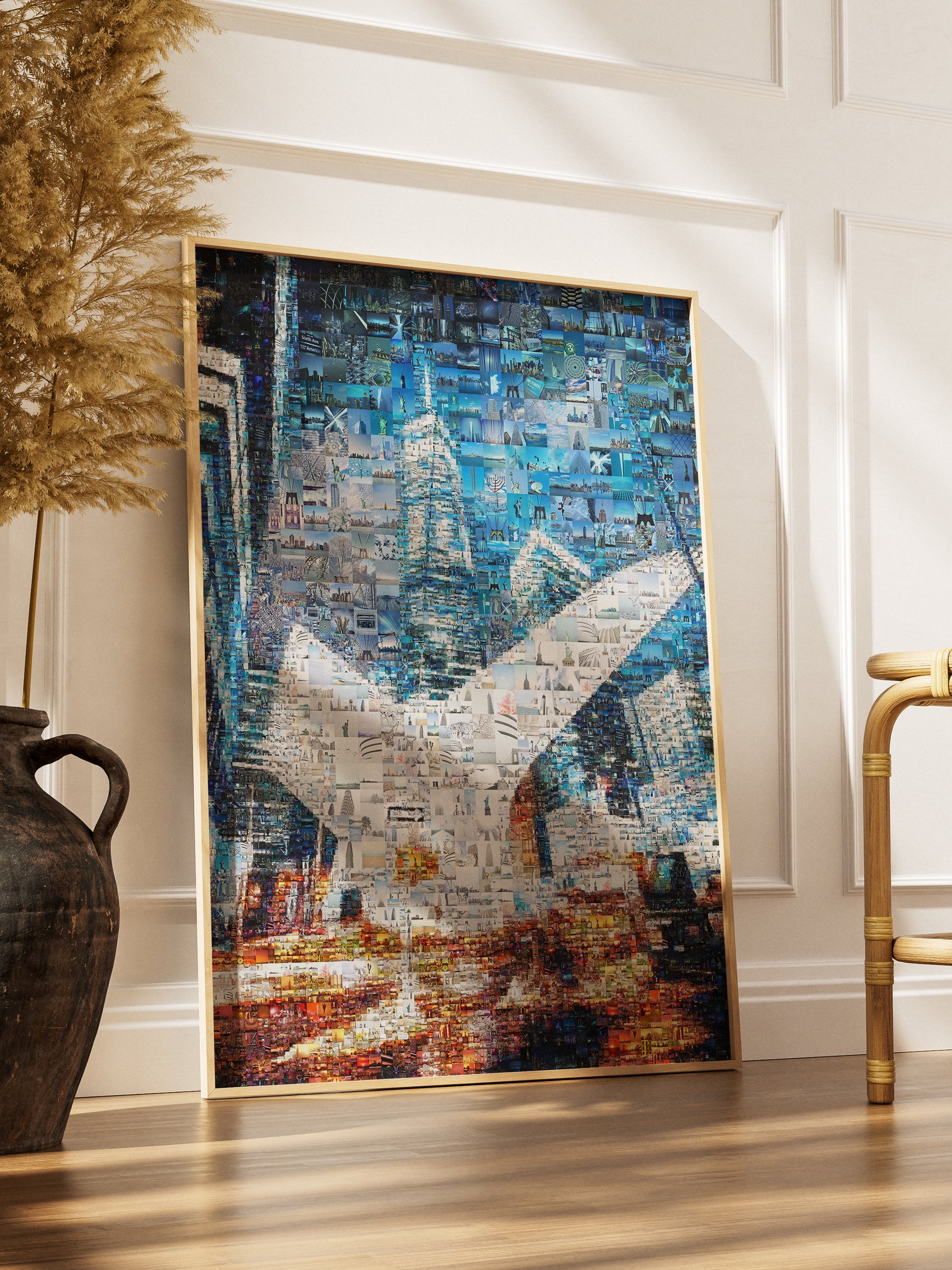Stunning Blue Mosaic Artwork - Unique Cityscape Collage for Modern Home Decor AtelierMosaics