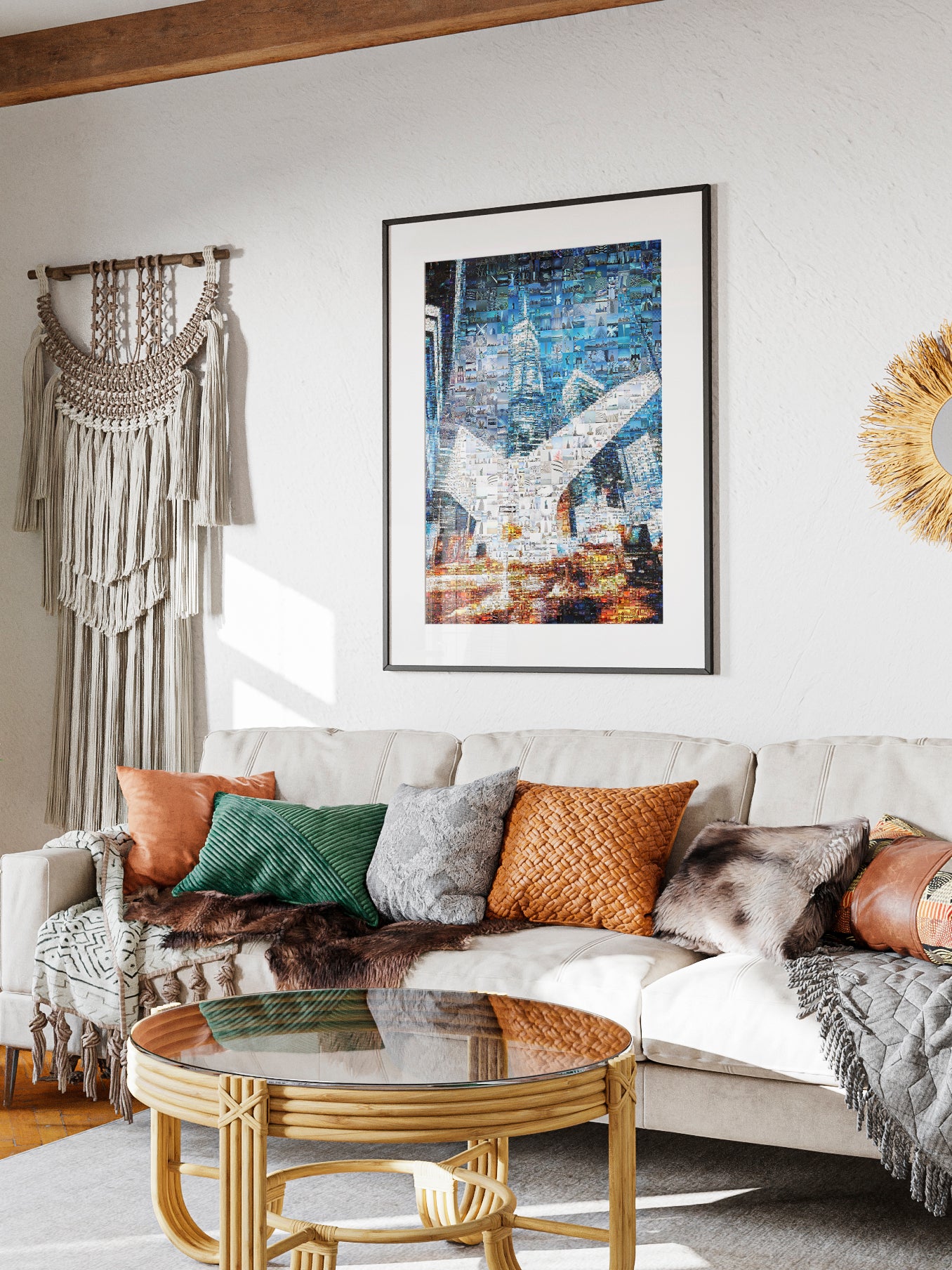 Stunning Blue Mosaic Artwork - Unique Cityscape Collage for Modern Home Decor AtelierMosaics