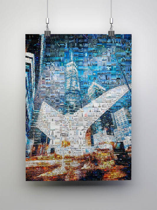 Stunning Blue Mosaic Artwork - Unique Cityscape Collage for Modern Home Decor