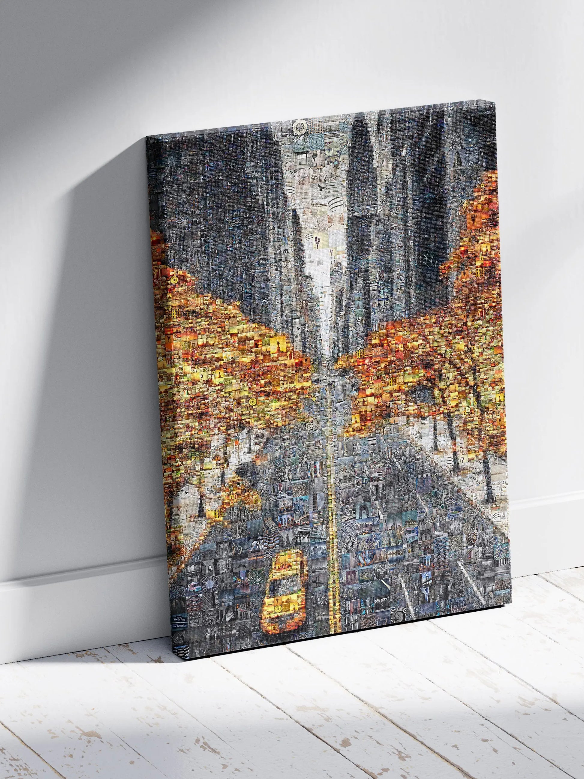 Custom mosaic canvas of a city street with yellow cabs and autumn trees by AtelierMosaics.