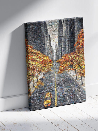 Custom mosaic canvas of a city street with yellow cabs and autumn trees by AtelierMosaics.