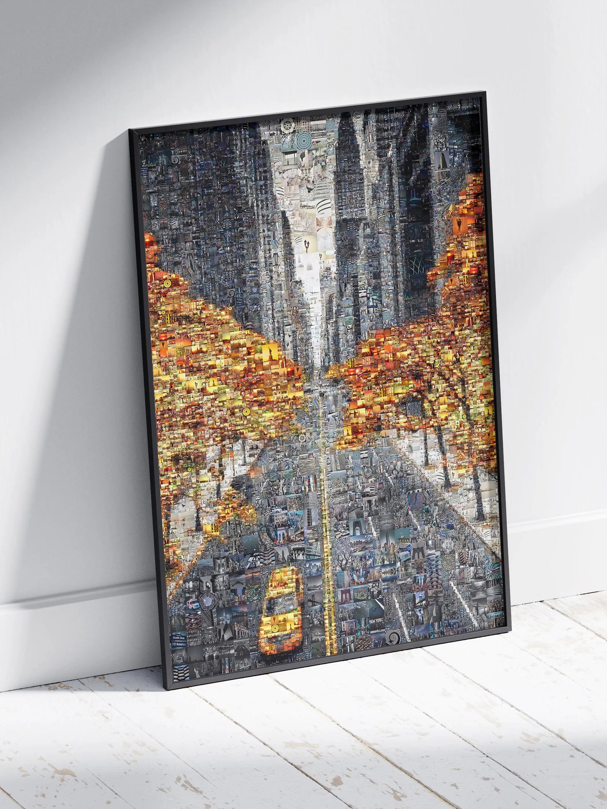 Framed custom mosaic art of city street with yellow taxi and autumn trees, handcrafted photo collage