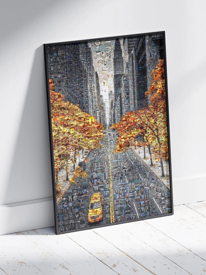 Framed custom mosaic art of city street with yellow taxi and autumn trees, handcrafted photo collage