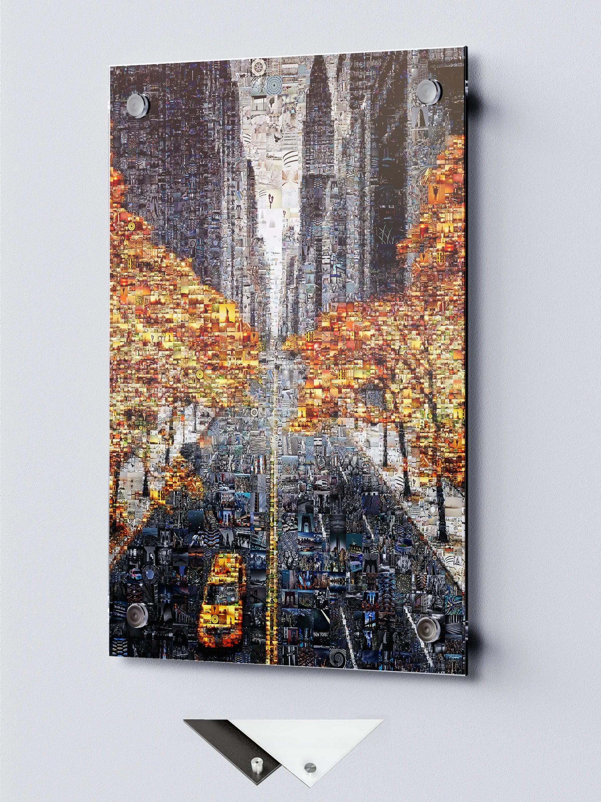 Custom mosaic cityscape art print on glass, featuring autumn trees and a yellow taxi