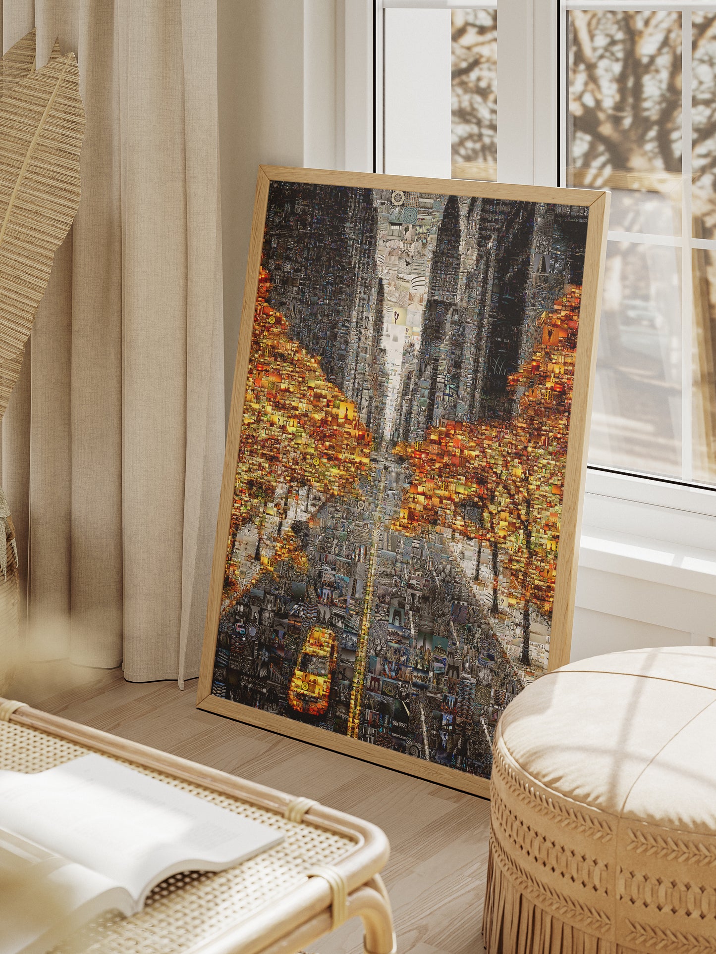 Custom mosaic artwork of a city street with autumn trees in a cozy modern living room setting