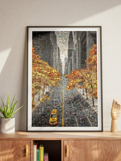 Custom photo mosaic art of a city street with autumn trees, framed on a modern dresser