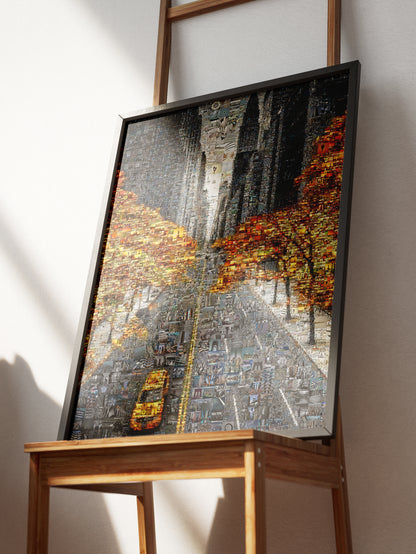 Framed custom photo mosaic artwork of a city street with yellow cabs and autumn trees on easel