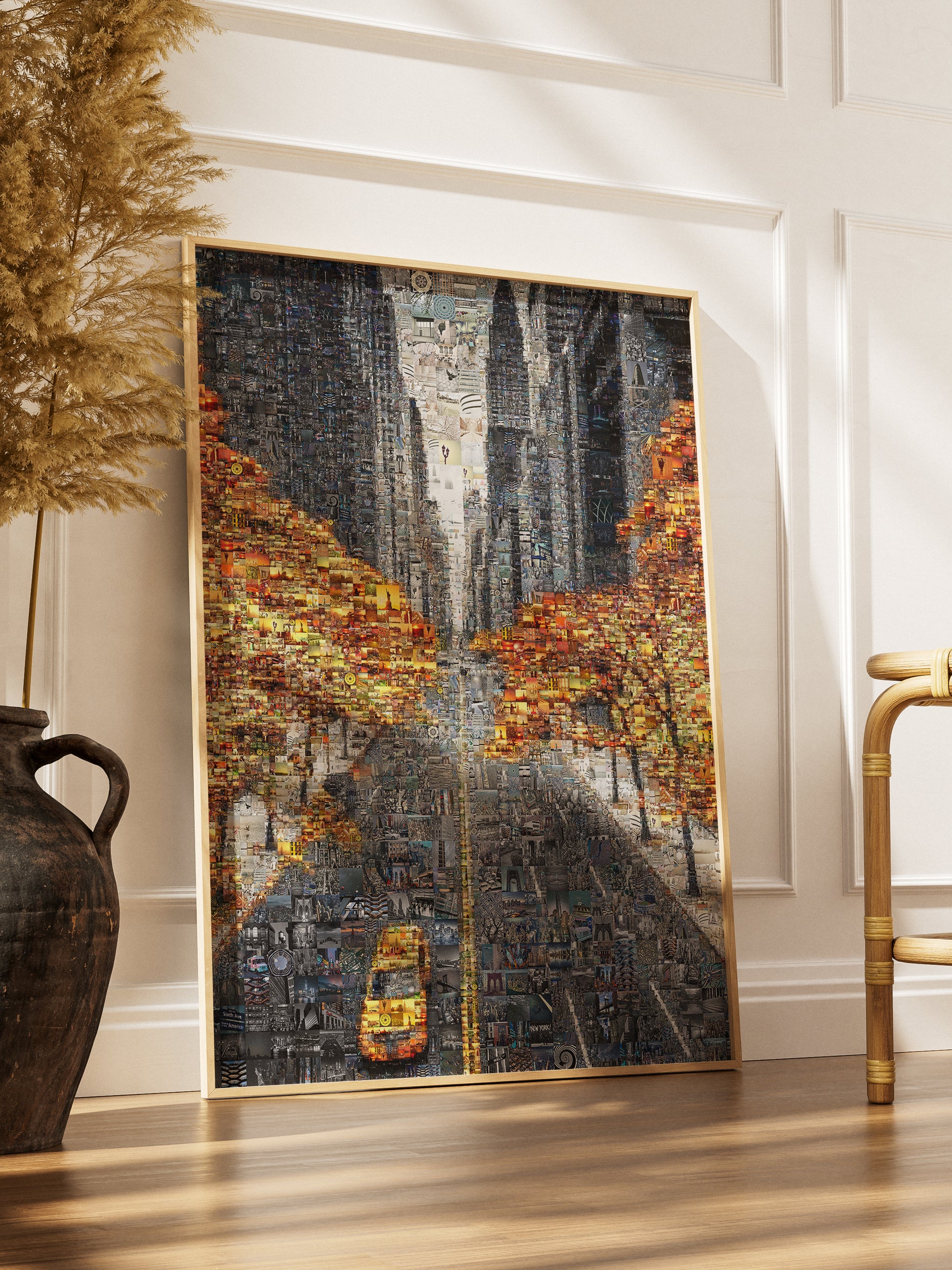 Custom photo mosaic artwork of a city street with taxi and autumn trees, handcrafted by AtelierMosaics