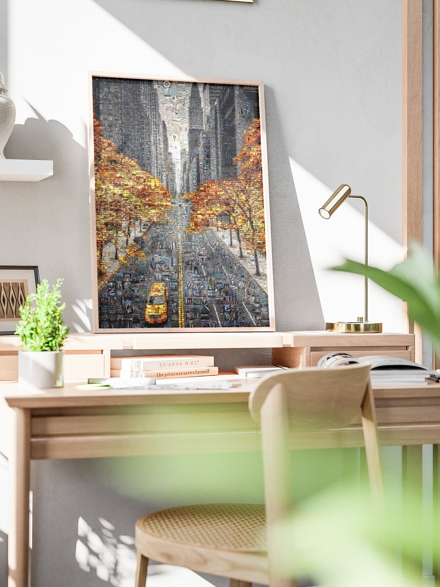 Custom mosaic cityscape art with autumn trees on a modern wooden desk, AtelierMosaics