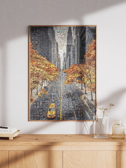 Custom photo mosaic art of a city street with a yellow taxi, autumn trees, framed on wall