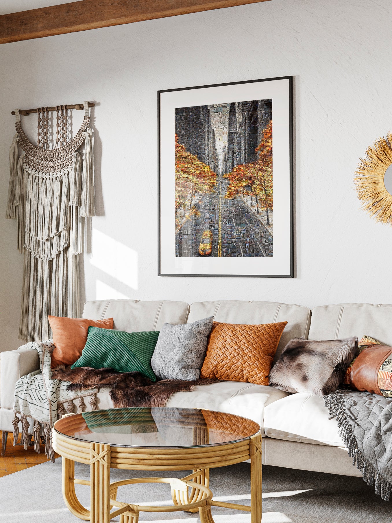 Custom photo mosaic cityscape art above cozy sofa, AtelierMosaics home decor idea