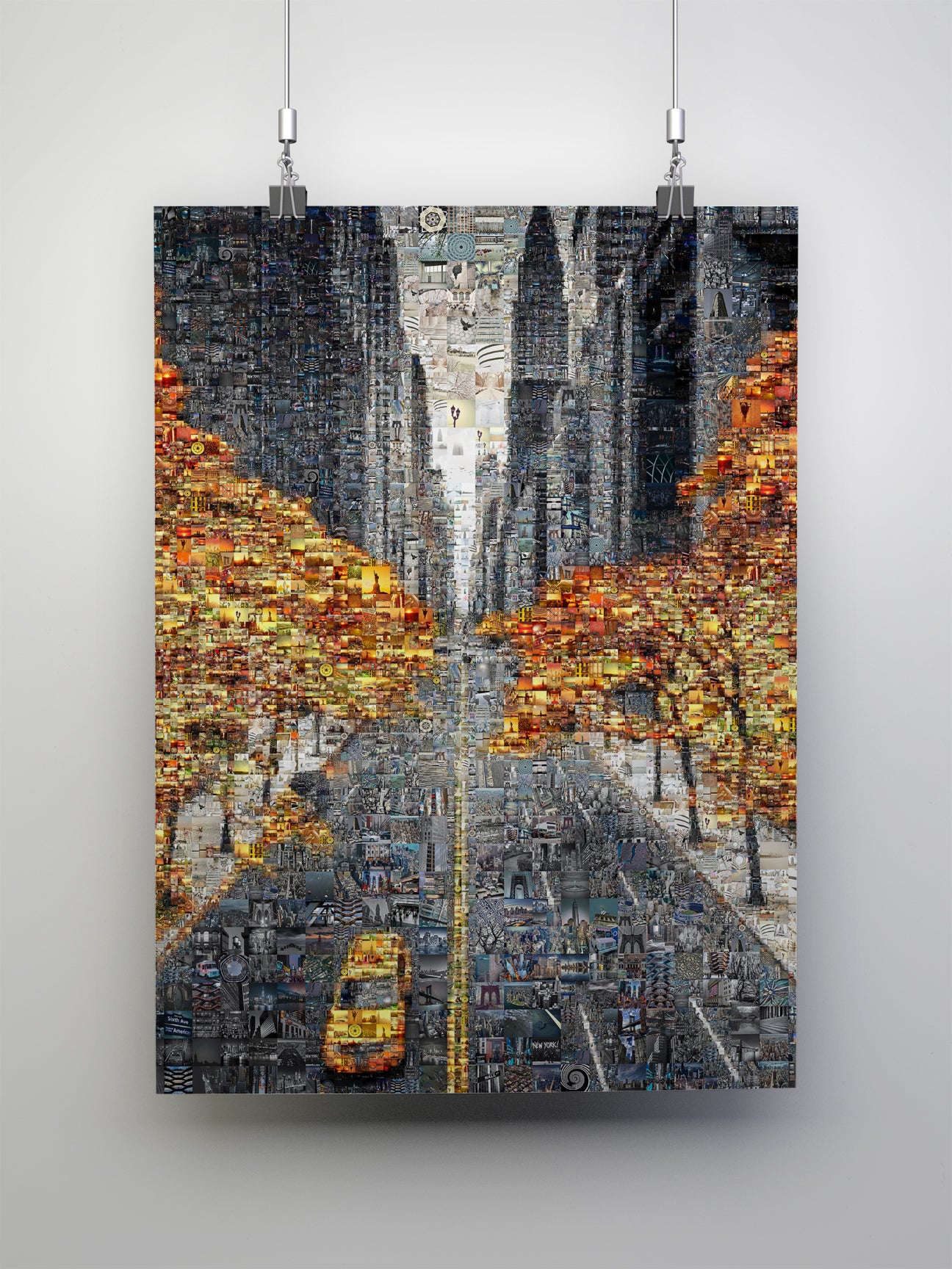 Custom mosaic art of a city street with yellow taxi and autumn trees, created from hundreds of small photos
