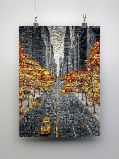 Custom mosaic art of a city street with yellow taxi and autumn trees, created from hundreds of small photos