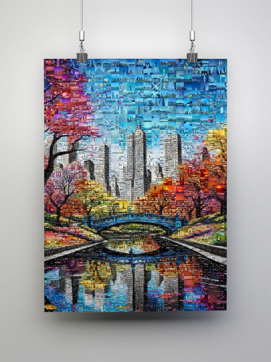 Stunning Cityscape Mosaic Art - Reflective Skyline with Autumn Colors for Modern Decor