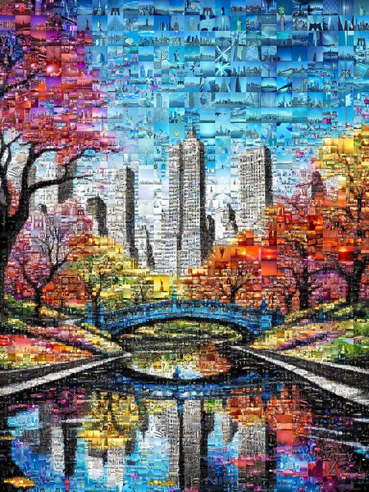 Stunning Cityscape Mosaic Art - Reflective Skyline with Autumn Colors for Modern Decor AtelierMosaics