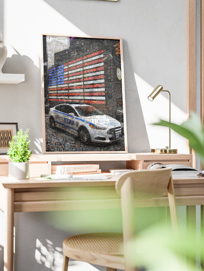 Stunning NYC Mosaic Artwork - American Flag & NYPD Car - Unique Home Decor for Art Lovers AtelierMosaics