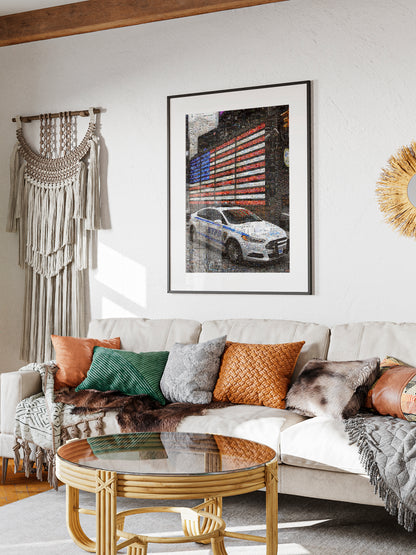 Stunning NYC Mosaic Artwork - American Flag & NYPD Car - Unique Home Decor for Art Lovers AtelierMosaics
