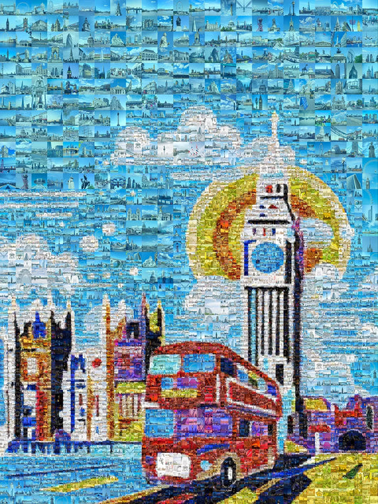 Vibrant London Mosaic Art – Iconic Double-Decker Bus & Big Ben – Perfect Wall Decor for Home & Office AtelierMosaics