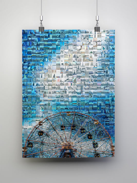 Stunning Blue Mosaic Artwork Featuring Iconic Landmarks - Perfect Wall Decor for Home or Office