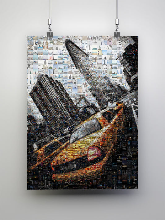 Vibrant Cityscape Mosaic Art - Unique Artwork Featuring Iconic Urban Scenes and Yellow Taxi Cabs