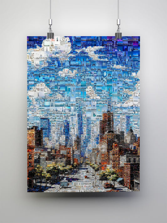 Stunning Mosaic Artwork: Cityscape in Blue - Unique Wall Art for Home Décor and Office Spaces