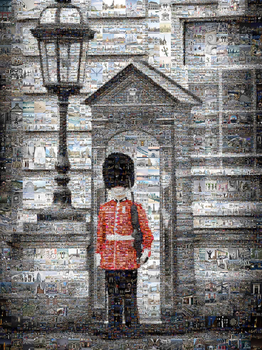 Stunning Mosaic Artwork: Iconic London Guard in a Vibrant Collage of City Landmarks AtelierMosaics