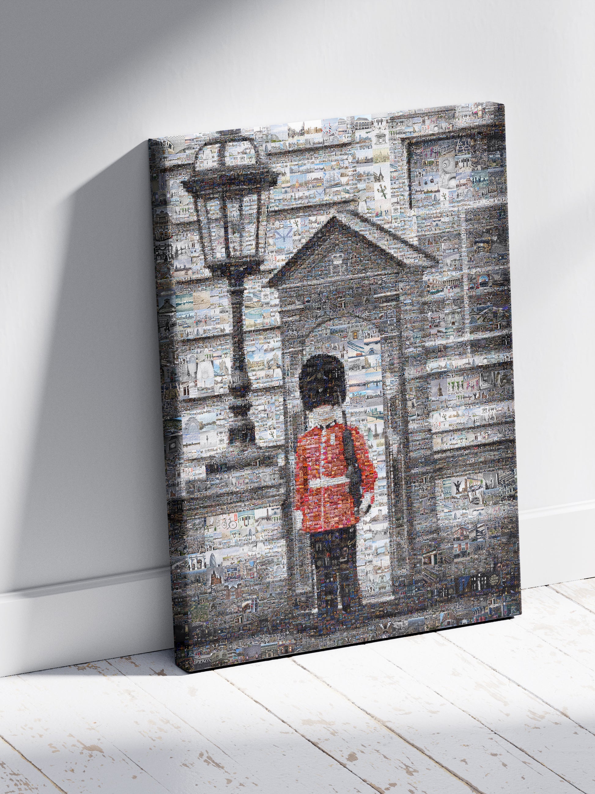 Stunning Mosaic Artwork: Iconic London Guard in a Vibrant Collage of City Landmarks AtelierMosaics
