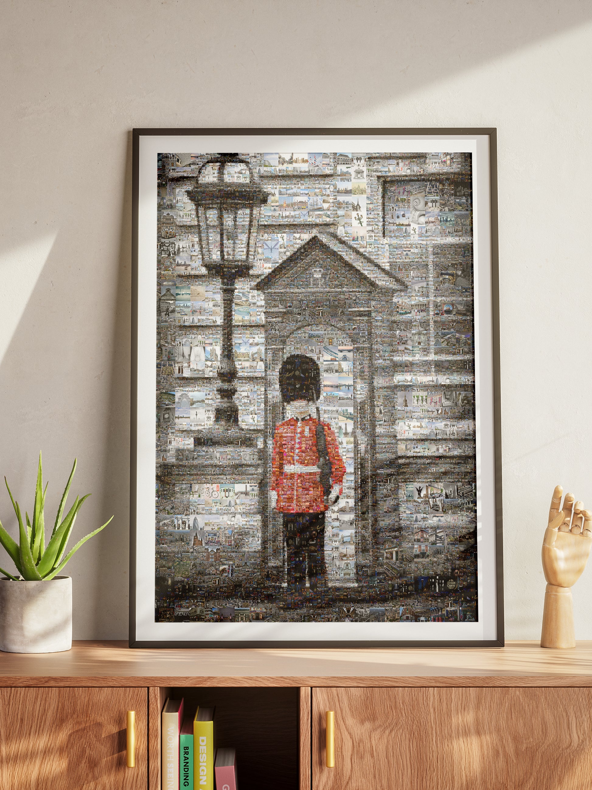 Stunning Mosaic Artwork: Iconic London Guard in a Vibrant Collage of City Landmarks AtelierMosaics