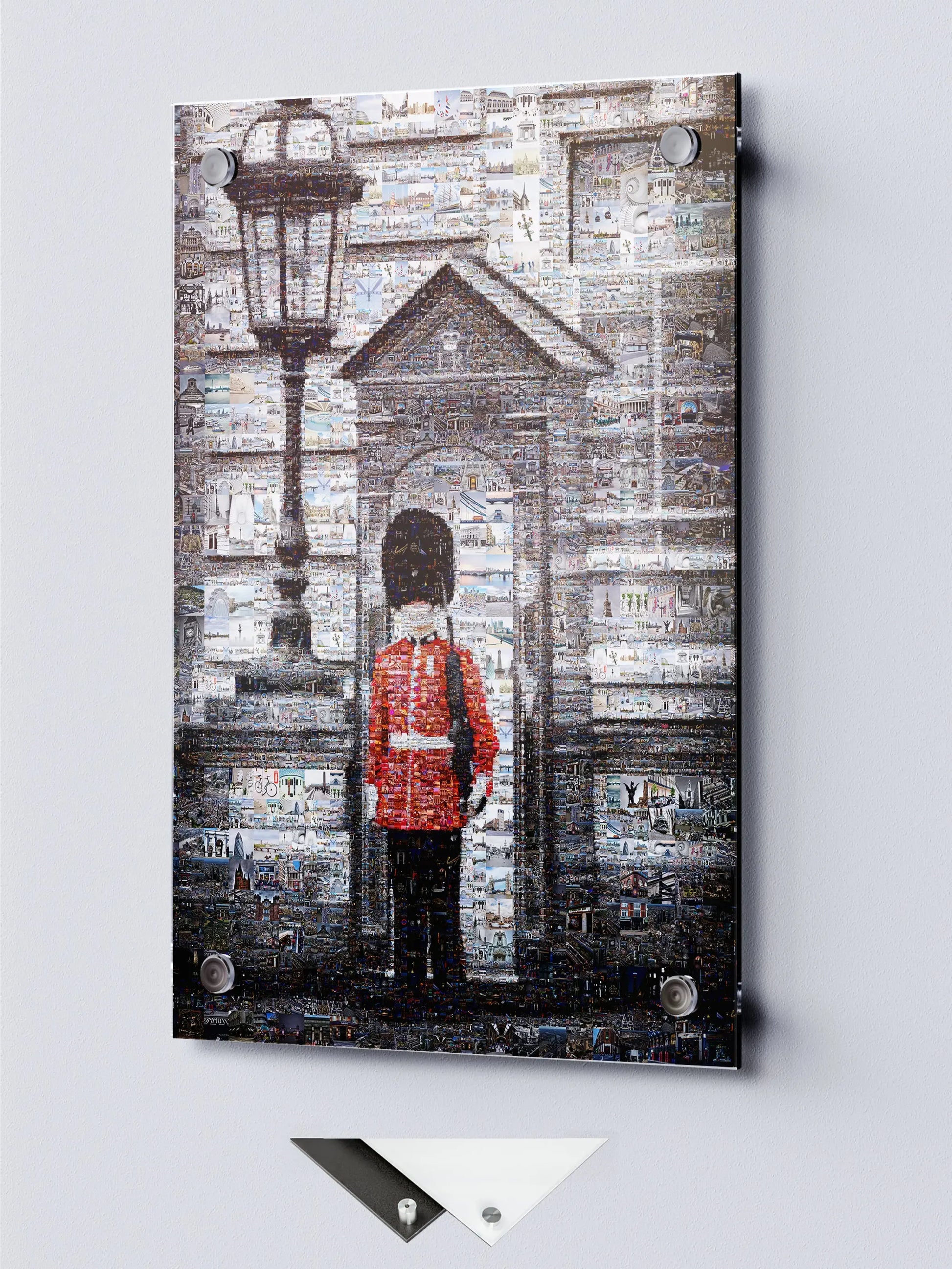 Stunning Mosaic Artwork: Iconic London Guard in a Vibrant Collage of City Landmarks AtelierMosaics