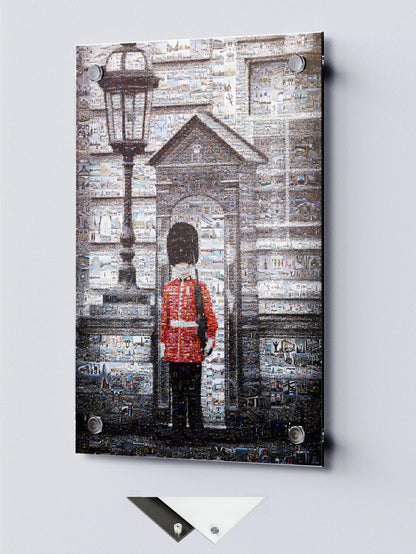 Stunning Mosaic Artwork: Iconic London Guard in a Vibrant Collage of City Landmarks AtelierMosaics
