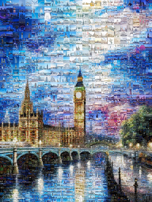 Stunning London Mosaic Artwork - Iconic Landmarks in Vibrant Blue AtelierMosaics