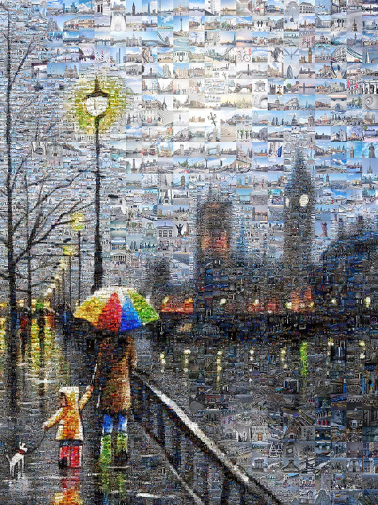 Stunning London Mosaic Artwork - Vibrant Cityscape with Umbrella Scene | Unique Home Decor AtelierMosaics