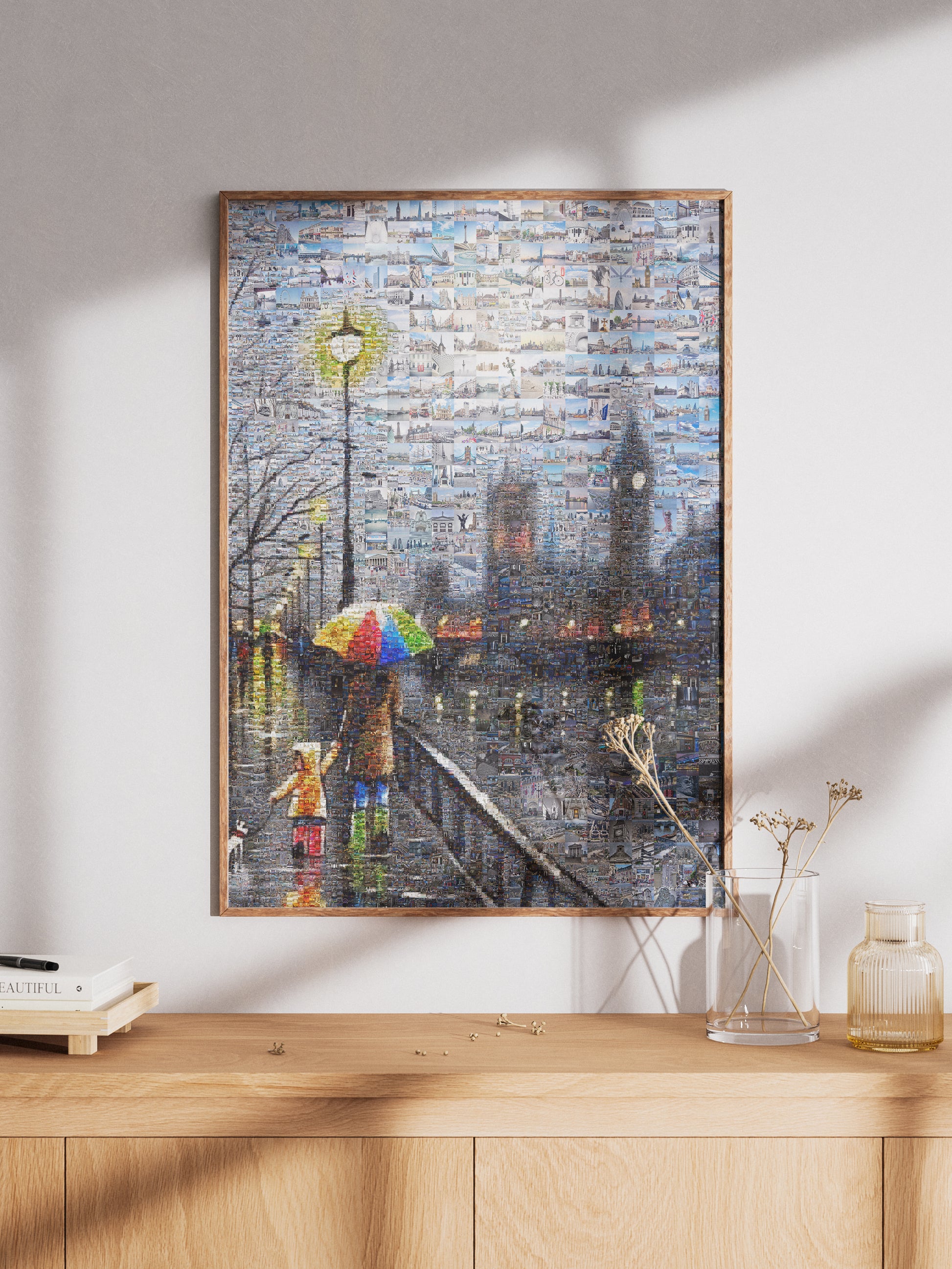 Stunning London Mosaic Artwork - Vibrant Cityscape with Umbrella Scene | Unique Home Decor AtelierMosaics