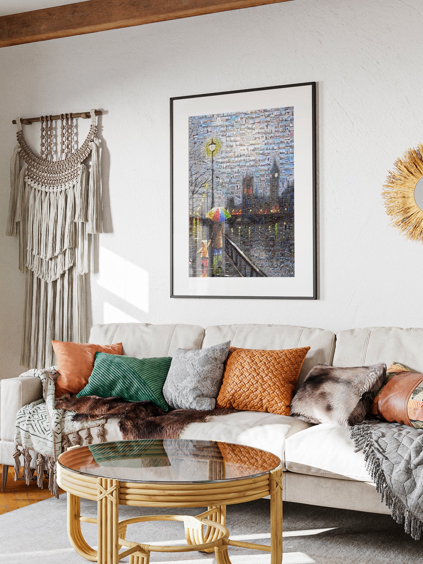 Stunning London Mosaic Artwork - Vibrant Cityscape with Umbrella Scene | Unique Home Decor AtelierMosaics