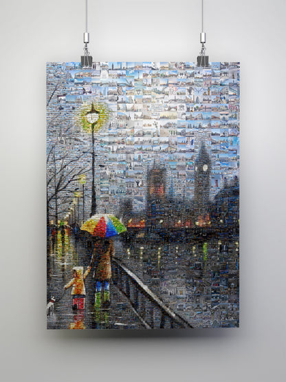 Stunning London Mosaic Artwork - Vibrant Cityscape with Umbrella Scene | Unique Home Decor AtelierMosaics