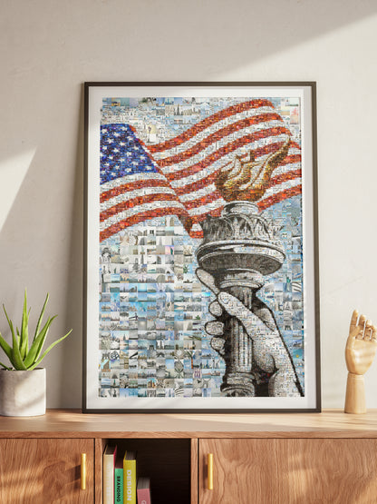 Stunning American Flag Mosaic Art - Liberty Torch & Iconic Landmarks AtelierMosaics
