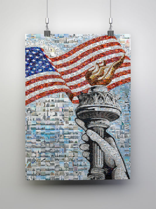 Stunning American Flag Mosaic Art - Liberty Torch & Iconic Landmarks