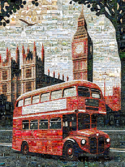 Stunning London Mosaic Artwork Featuring Iconic Red Bus & Big Ben - Perfect for Home Decor AtelierMosaics