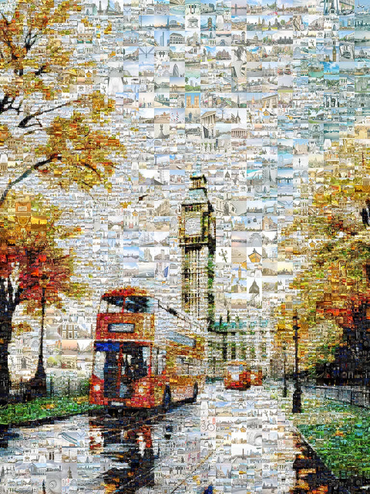 Stunning London Mosaic Artwork Featuring Big Ben and Red Double-Decker Bus - Perfect for Home Decor AtelierMosaics
