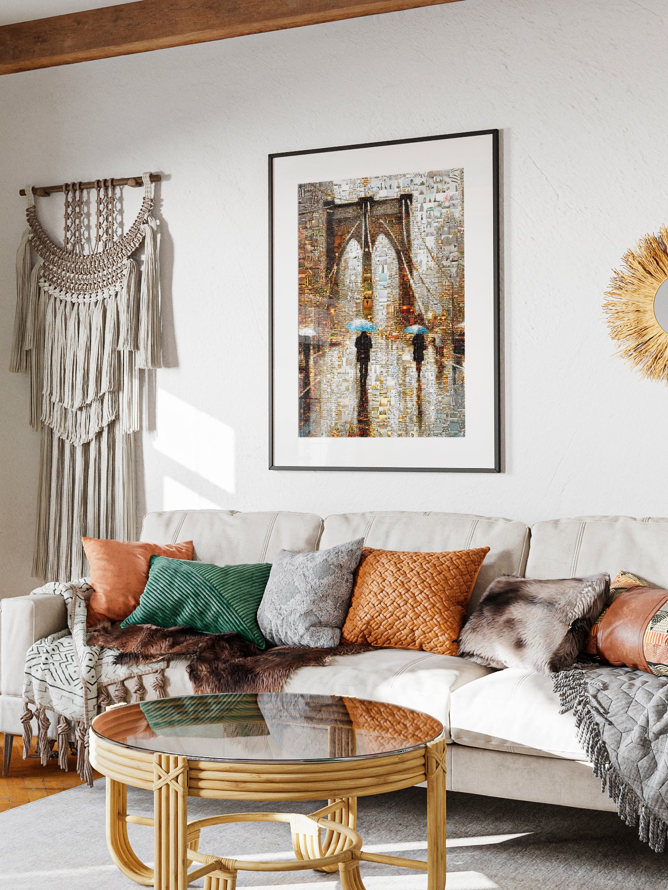 Stunning Mosaic Art of Brooklyn Bridge with Umbrellas - Unique Wall Décor for Home or Office AtelierMosaics