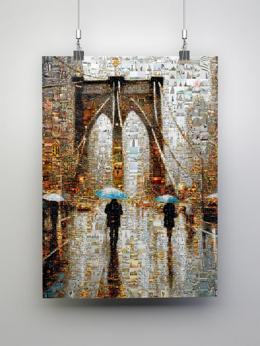 Stunning Mosaic Art of Brooklyn Bridge with Umbrellas - Unique Wall Décor for Home or Office