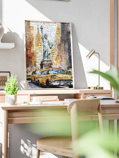 Stunning NYC Mosaic Art - Statue of Liberty & Iconic Yellow Taxis | Perfect Wall Decor for Your Home or Office AtelierMosaics