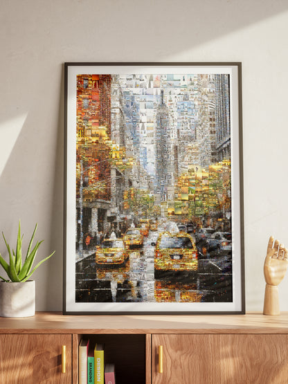 Stunning Urban Mosaic Artwork - Captivating Cityscape with Yellow Taxis and Iconic Landmarks AtelierMosaics