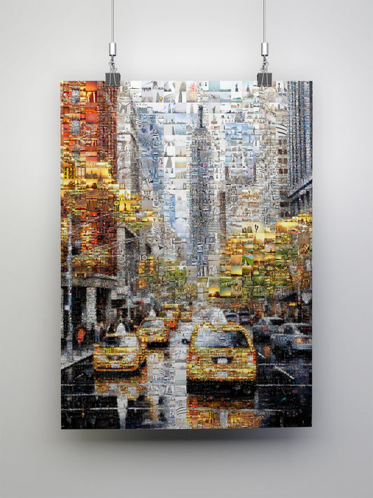 Stunning Urban Mosaic Artwork - Captivating Cityscape with Yellow Taxis and Iconic Landmarks