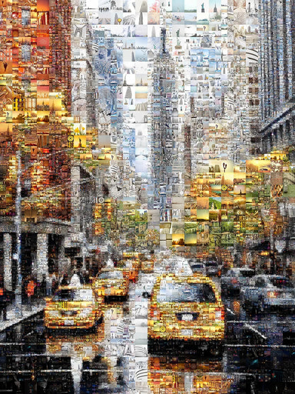 Stunning Urban Mosaic Artwork - Captivating Cityscape with Yellow Taxis and Iconic Landmarks AtelierMosaics