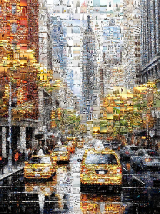 Stunning Urban Mosaic Artwork - Captivating Cityscape with Yellow Taxis and Iconic Landmarks AtelierMosaics