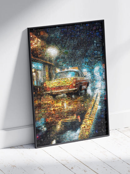 Stunning Mosaic Art of a Yellow Taxi Cab in Rainy Night - Unique Wall Decor for Home & Office AtelierMosaics